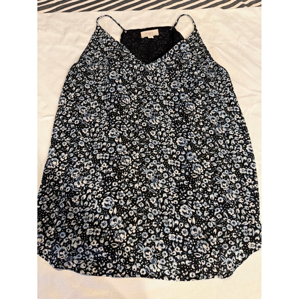 LOFT Outlet Womens Large Black Blue Floral V-Neck Spaghetti Strap Camisole Top